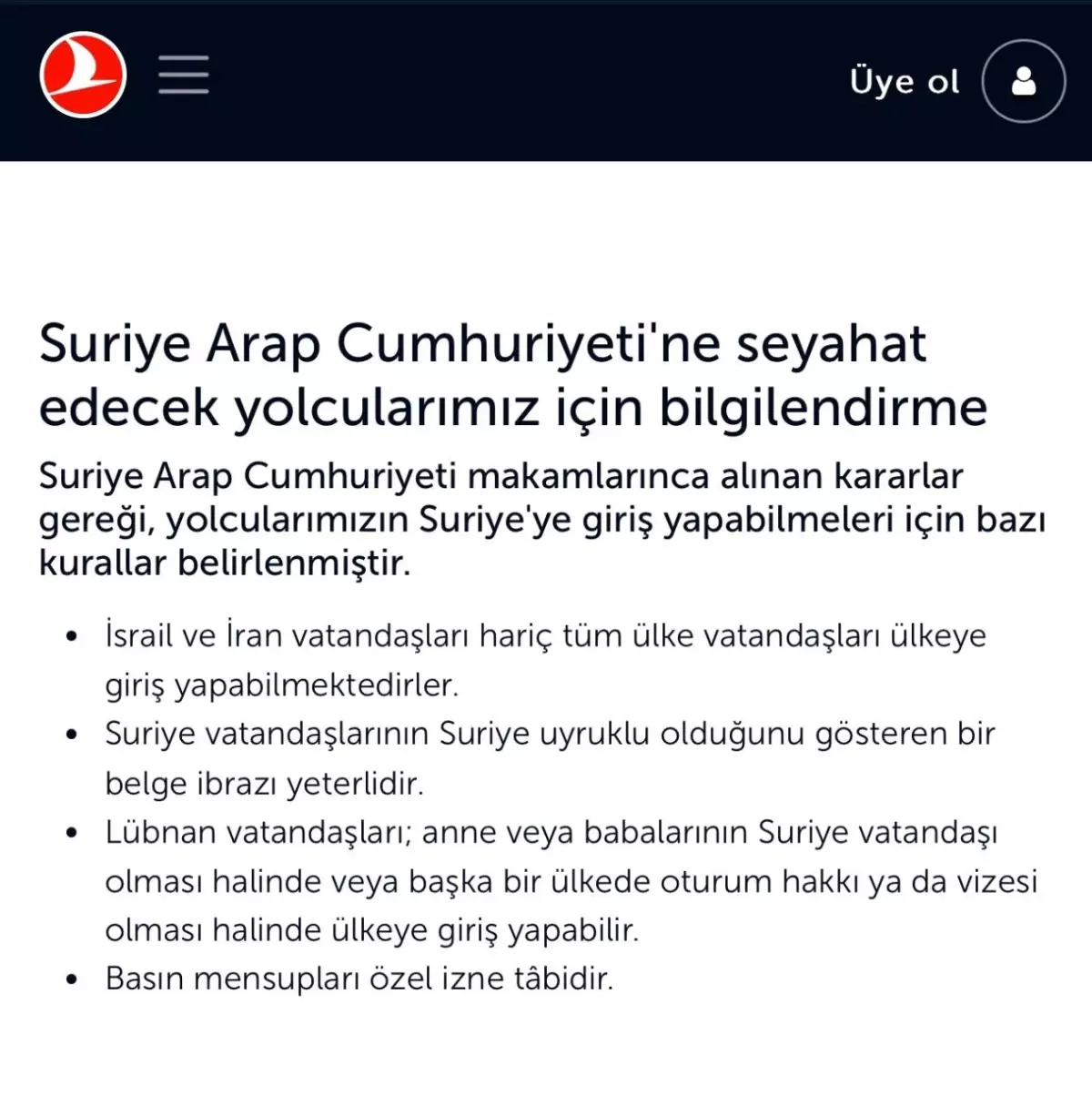 THY, Şam’a Sefer Başlatıyor